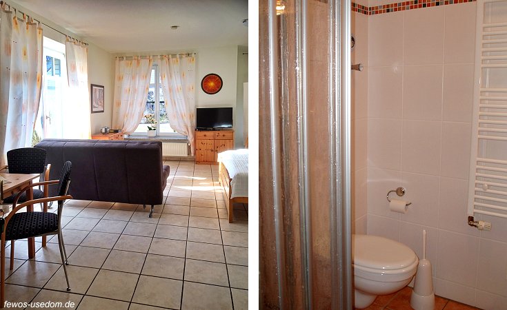 Ferienwohnung Usedom Ziemitz Wohnzimmer und Badezimmer